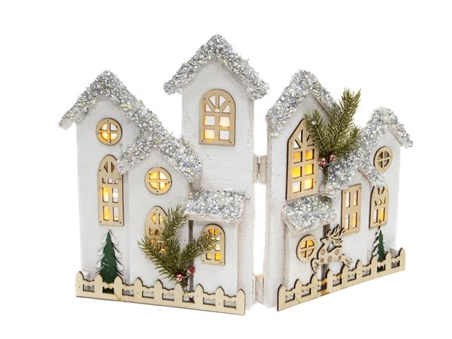 LED SNOW COVERED FOLDABLE WHITE WOODEN VILLAGE (12.2"H)